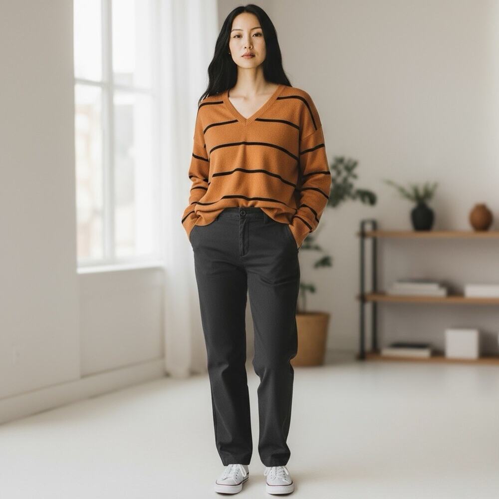 Loft Sz L Mustard An Navy Striped Sweater